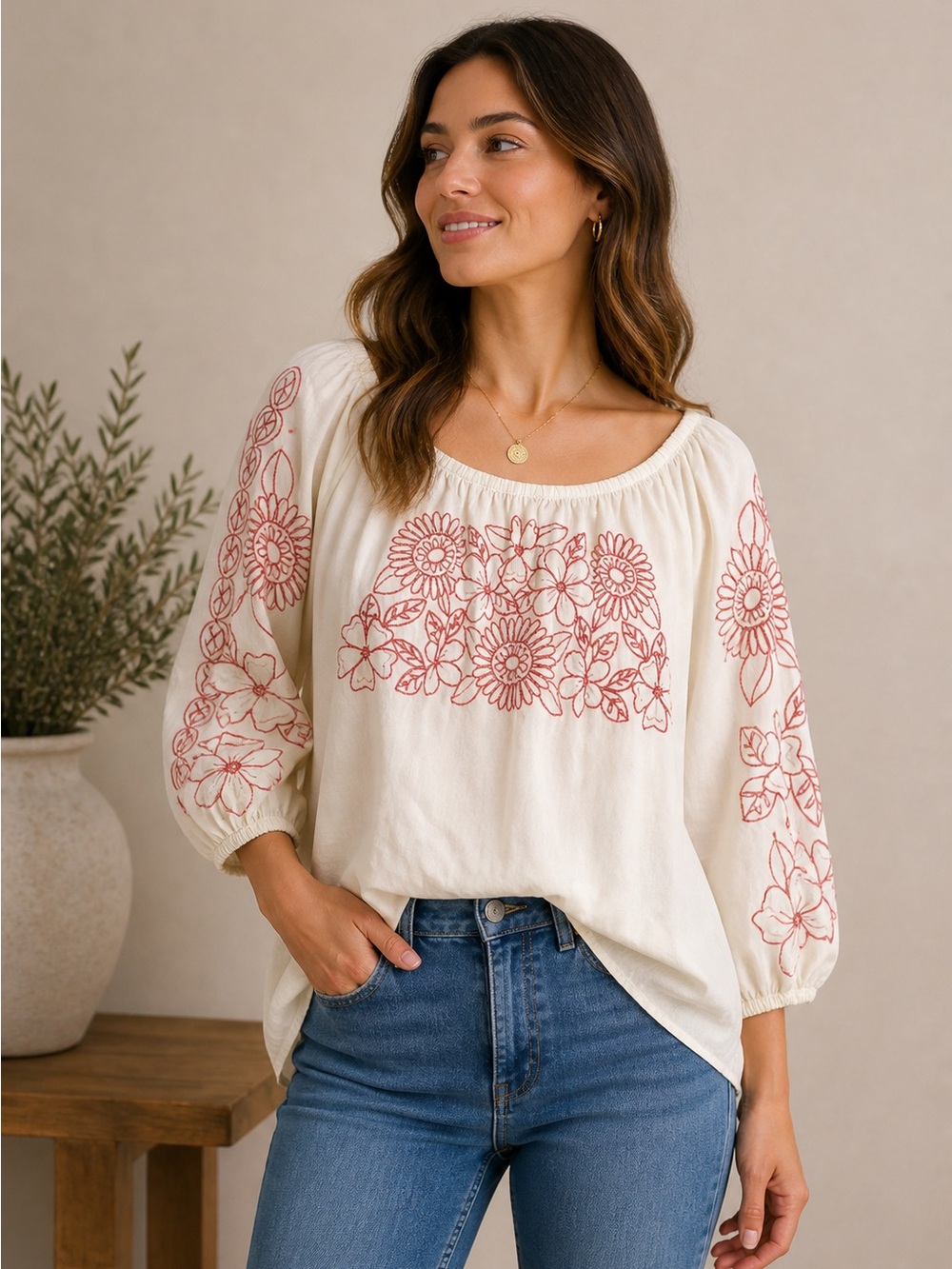 Cato Cream and Red Floral Embroidered Blouse
